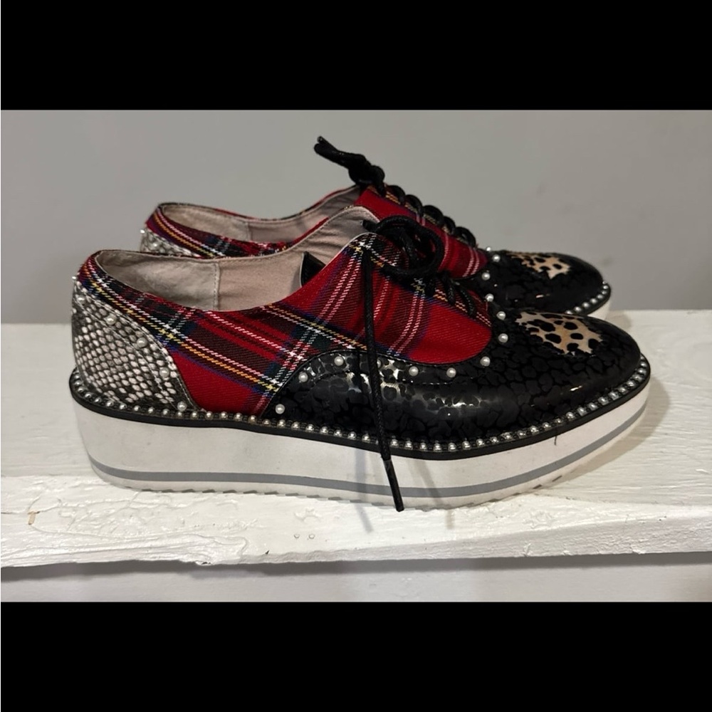 Betsey Johnson Red Plaid and Black Snakeskin Flats